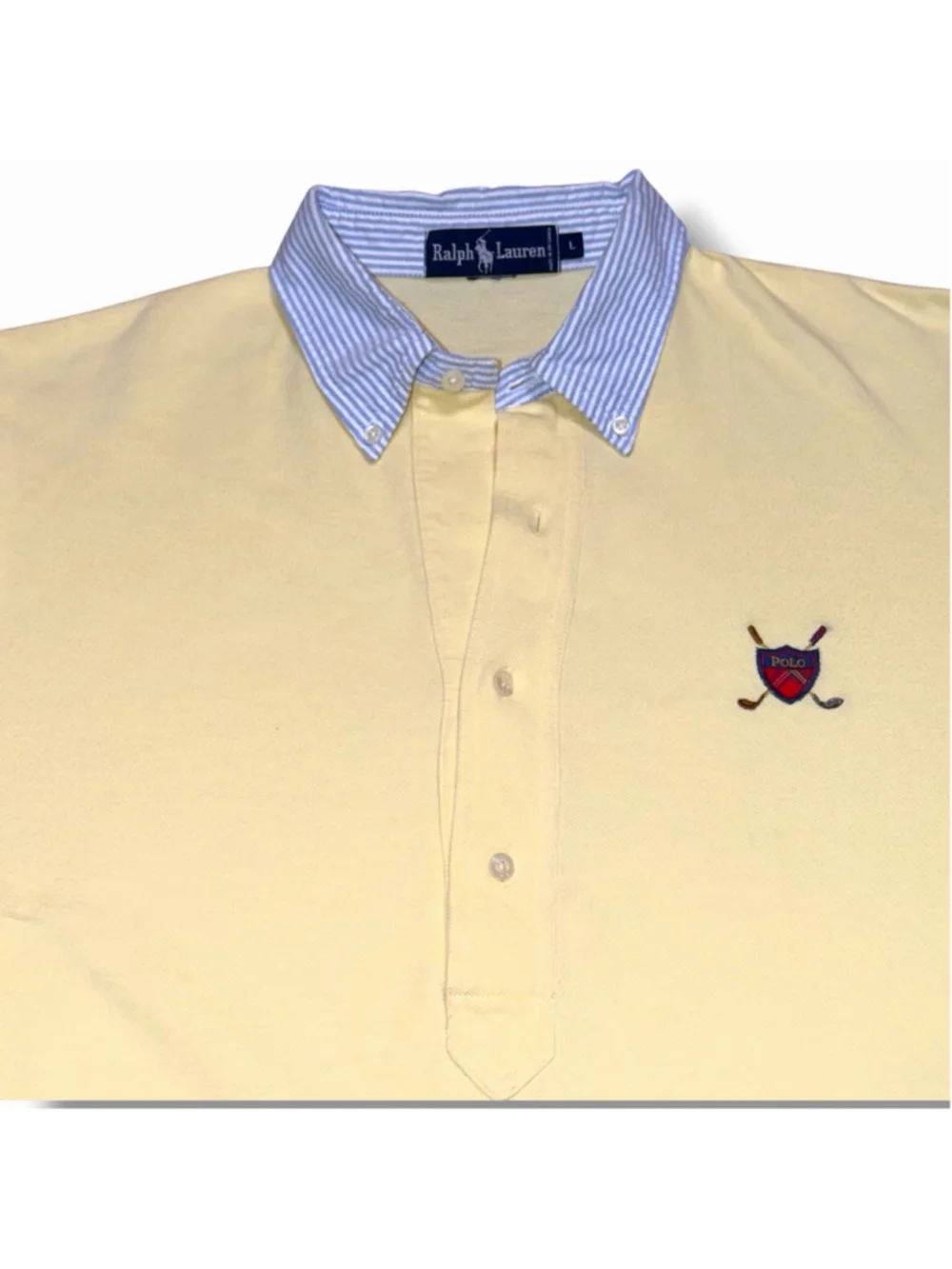 Polo Ralph Lauren VTG 90’s Mens Butter Yellow Polo Logo Striped Collar L RARE